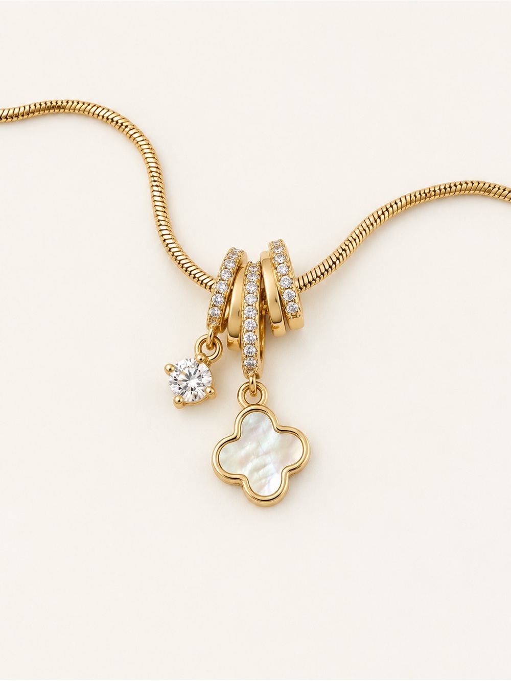 14K Gold Plated MoP Clover Necklace | CZ Pavé Rings & Crystal Charm - Picture 2 of 9